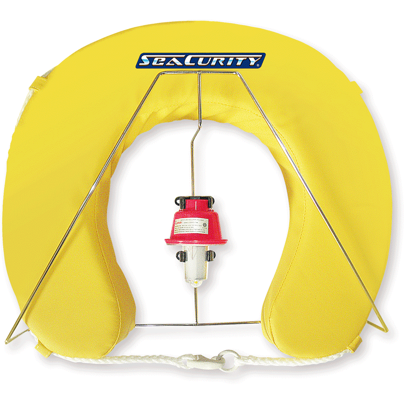 Rettungsring Hufeisen, gelb, mit Halter und LED Licht von SeaCurity GmbH
